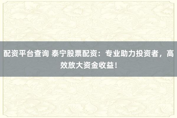 配资平台查询 泰宁股票配资：专业助力投资者，高效放大资金收益！