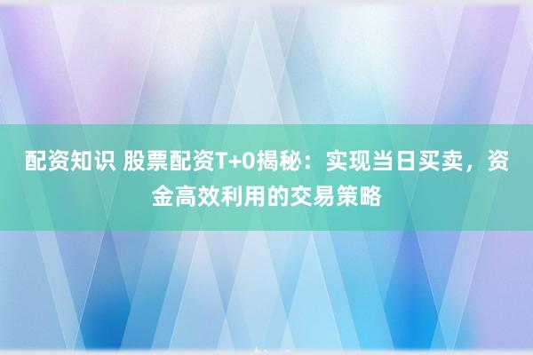 配资知识 股票配资T+0揭秘：实现当日买卖，资金高效利用的交易策略